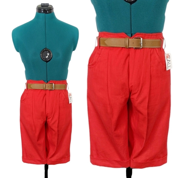 1980s Red High Waisted Shorts 1990s Pleated Boardshorts 80s Bermuda Belt Set NWT - Picture 1 of 10